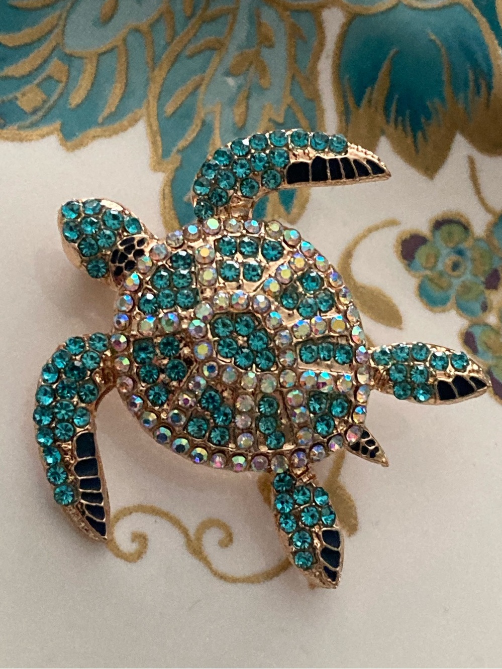 NWT Blue Turtle Brooch Rhinestones Pin Gold